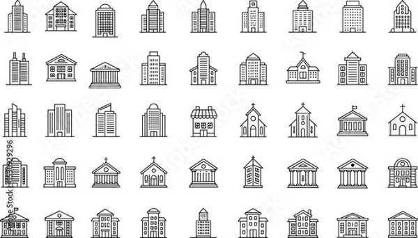 Fototapeta Set of vector building icons including churches, offices, schools, apartments, public institutions, and government architecture in cityscape design