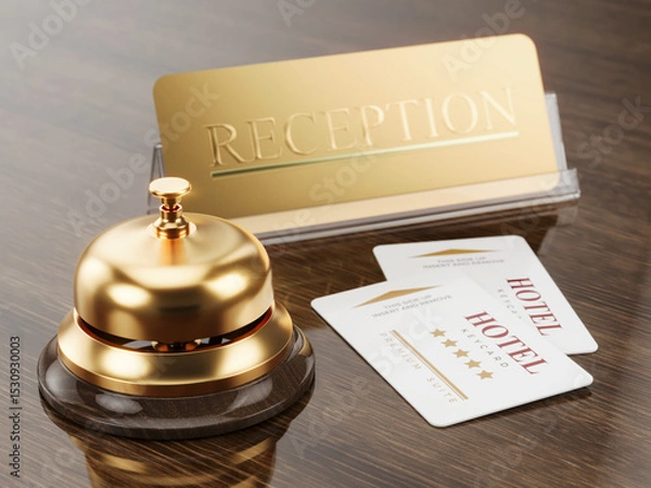 Obraz Hotel reception, service bell and cardkeys - 3d illustration