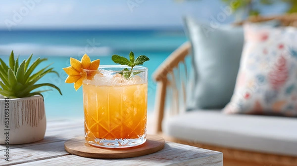 Obraz Refreshing tropical cocktail garnished with vibrant fruit and mint, placed on wooden table beside a cozy outdoor seating area with ocean view. Selective focus