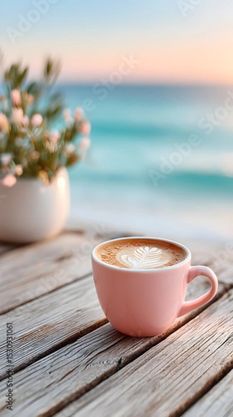 Obraz Pink coffee cup with latte art placed on rustic wooden table, surrounded by soft beach scenery and gentle waves in the background, evoking a serene atmosphere. Selective focus