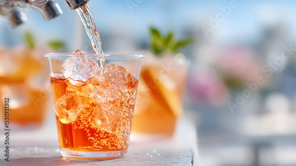 Obraz Refreshing beverage being poured over ice in a clear cup, with blurred background of colorful drinks and vibrant outdoor setting, showcasing summer enjoyment. Selective focus