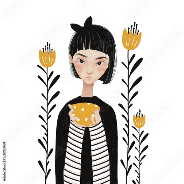 Fototapeta Monochrome Girl Illustration with Soft Color Accents – Stylized Hand Drawn Portrait