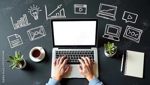 Fototapeta Person working on laptop with digital marketing icons drawn on blackboard
