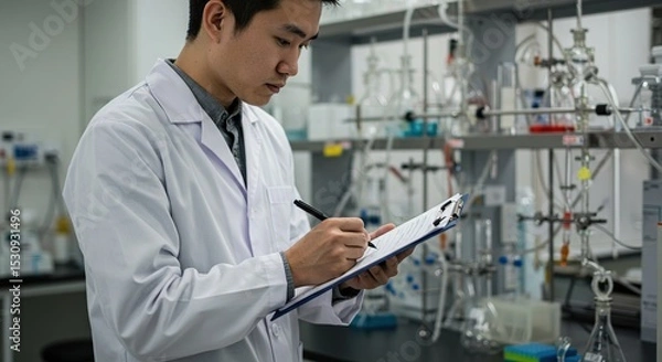 Obraz Researcher with Clipboard in Laboratory Writing Results of Scientific Experiment Pharmaceutical Development and Research Process