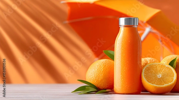 Obraz Fresh orange juice in a glass bottle surrounded by whole oranges and green leaves, with vibrant orange umbrella creating a sunny atmosphere. Selective focus