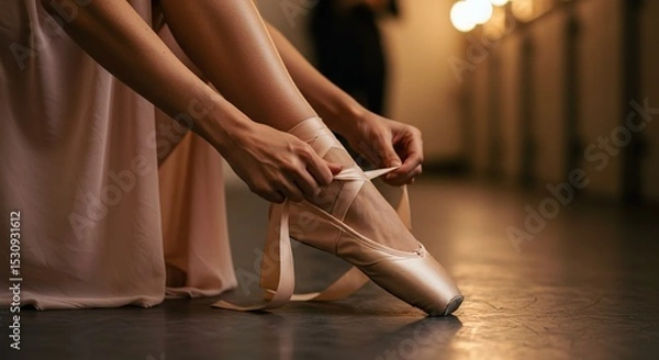 Obraz Ballerina Tying Pointe Shoe Ribbons Elegance in Dance Ballet Dancer Artistry Preparation Grace and Focus