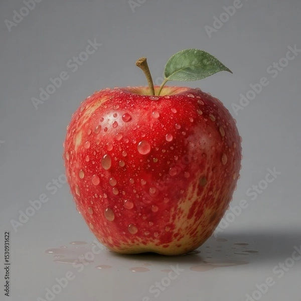 Fototapeta Fresh red apple with water droplets and green leaf on a gray background