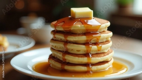 Fototapeta Stack of fluffy pancakes topped with butter and drizzled with maple syrup on a white plate