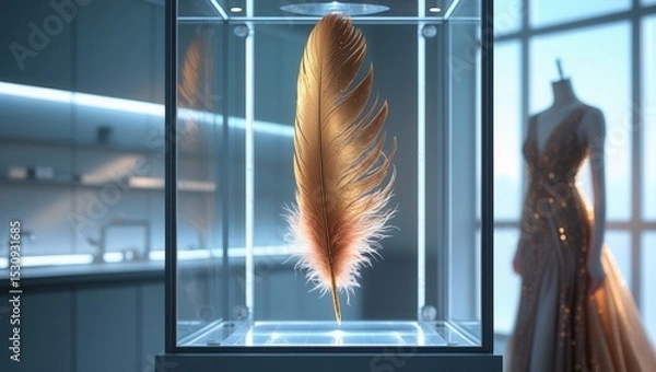 Fototapeta Golden feather displayed in a glass case with a blurred elegant dress in the background