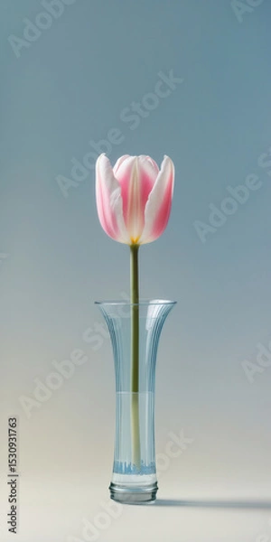 Fototapeta Pink tulip in a transparent glass vase against a gradient blue background