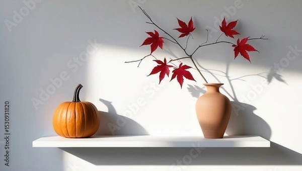 Fototapeta Minimalist autumn decor with pumpkin and vase of red maple leaves on white shelf in sunlight