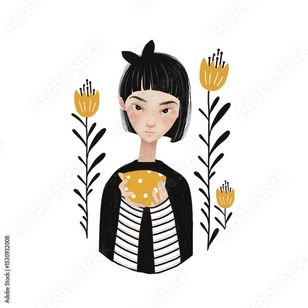 Fototapeta Monochrome Girl Illustration with Soft Color Accents – Stylized Hand Drawn Portrait