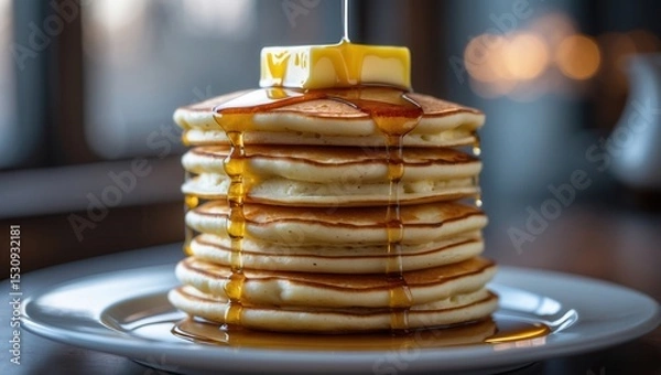 Fototapeta Stack of fluffy pancakes topped with butter and drizzled with golden syrup on a white plate