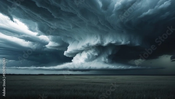 Fototapeta Dramatic storm clouds forming over a vast open field with dark skies and intense atmospheric tension