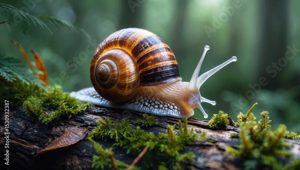 Fototapeta Close-up of a snail with a striped shell crawling on a moss-covered log in a lush green forest