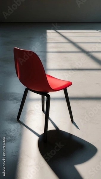 Fototapeta Minimalist red chair with black legs in sunlight on a concrete floor with geometric shadows