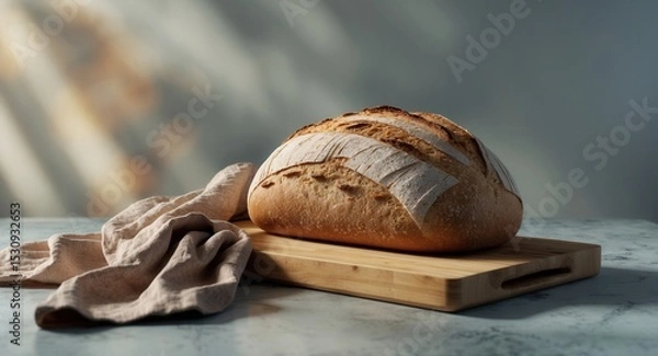 Fototapeta Freshly baked artisan bread loaf on wooden cutting board with linen cloth in soft natural light