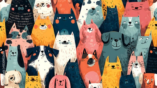 Fototapeta Colorful illustration of various cute animals gathered together in a lively, whimsical setting