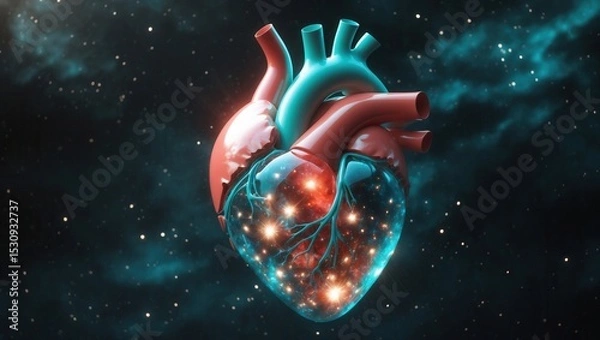 Fototapeta Futuristic glowing human heart with cosmic elements in outer space, symbolizing science and innovation
