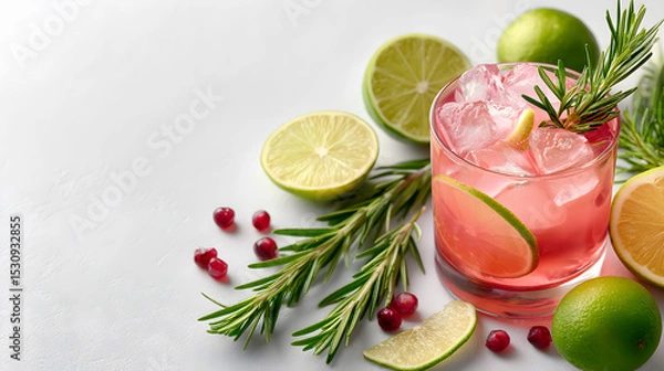 Obraz Refreshing cocktail with ice, garnished with lime slices and rosemary, surrounded by fresh limes and pomegranate seeds on a clean white surface. Selective focus
