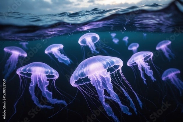 Fototapeta Glowing jellyfish swimming underwater in the ocean at dusk with a serene and mysterious atmosphere