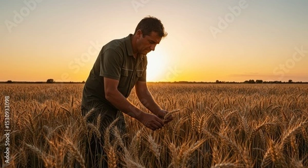 Obraz Farmer Examining Wheat Field at Sunset Agriculture Production Rural Prosperity Harvest Success