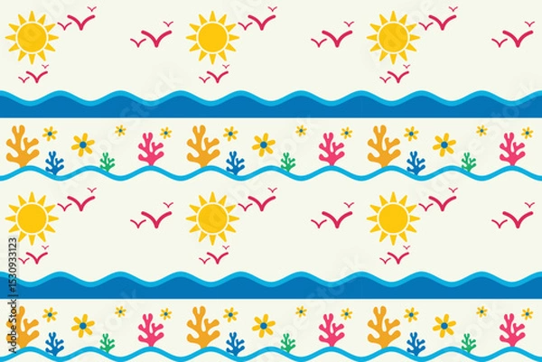 Fototapeta Tropical Summer Seamless Pattern with Sun, Waves, and Coral. Seamless summer pattern with sun, waves, flying birds, and coral reef. Perfect for beach products, kids’ clothing, and wrapping paper.