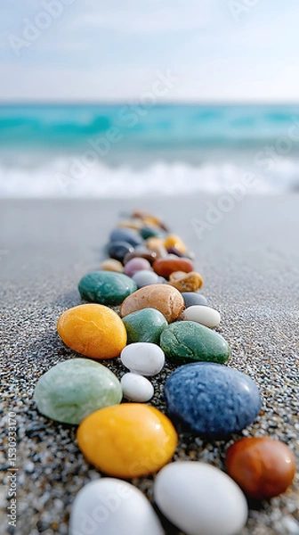 Obraz Colorful pebbles arranged on sandy beach with gentle waves in the background, creating a serene coastal atmosphere and inviting tranquility. Selective focus
