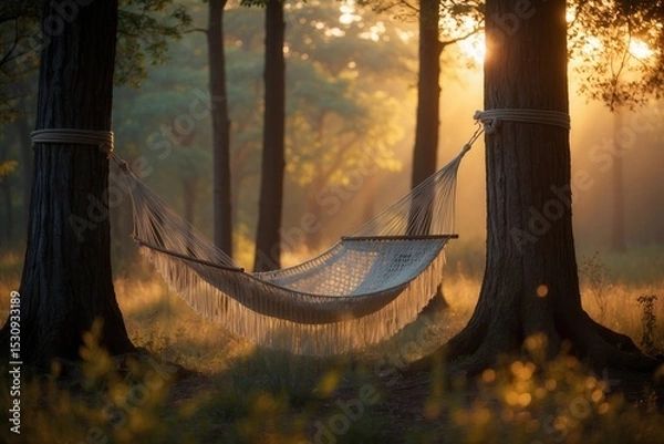 Fototapeta Hammock tied between two trees in a serene forest at sunrise with soft golden light filtering through the trees