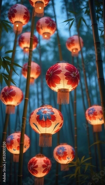 Fototapeta Traditional red and floral lanterns glowing in a bamboo forest during dusk, symbolizing Asian cultural celebrations