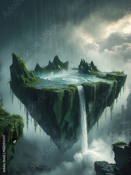 Fototapeta Floating island with a mystical waterfall and lush greenery surrounded by misty clouds in a fantasy landscape