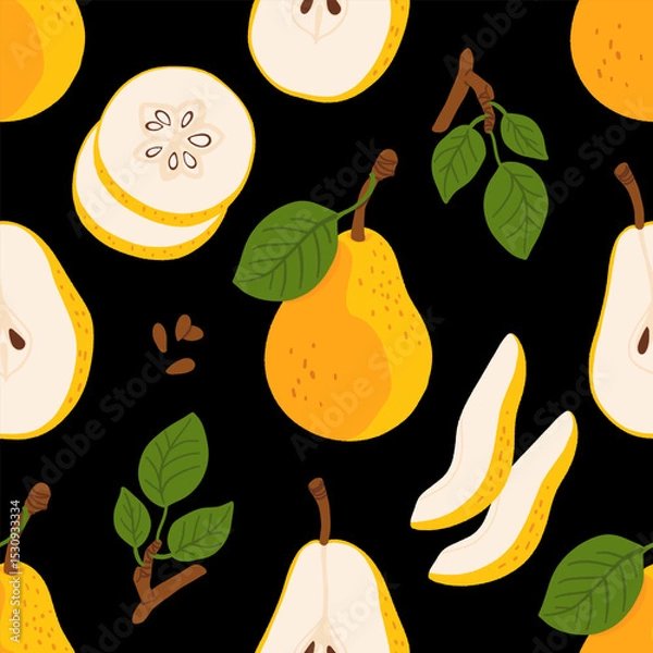 Fototapeta Seamless pattern with cartoon yellow pears in modern flat style. Fruit background. Vector printing for fabric and wallpaper. Cute fruits on a black background