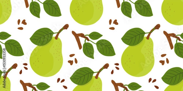 Fototapeta Seamless pattern with cartoon green pears in modern flat style. Fruit background. Vector printing for fabric and wallpaper. Cute fruits on a white background