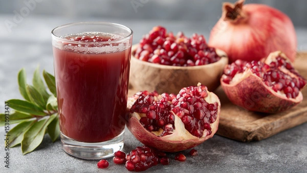 Fototapeta A glass of rich red pomegranate juice stands in focus, with a whole pomegranate and scattered opened seeds in the background, highlighting freshness, nutrition, and natural fruit goodness.