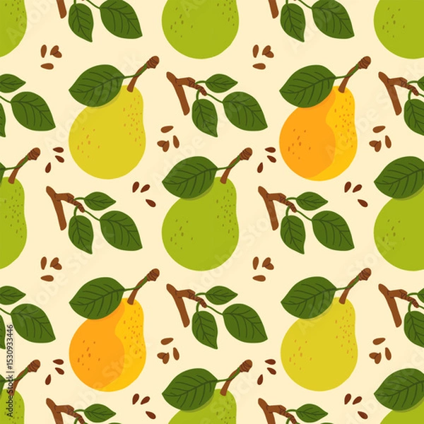 Fototapeta Seamless pattern with cartoon green pears in modern flat style. Fruit background. Vector printing for fabric and wallpaper. Cute fruits on a yellow background