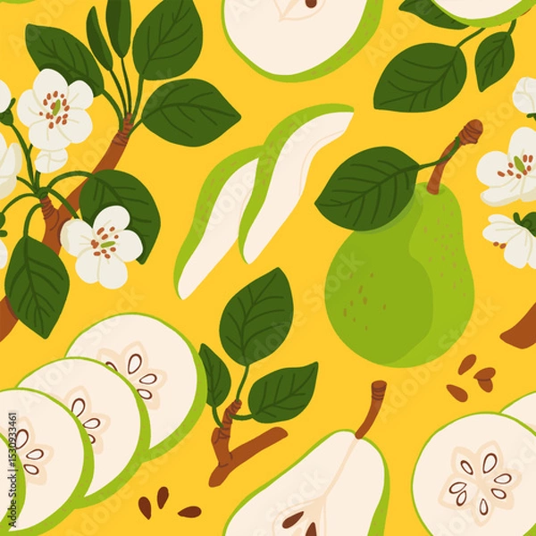Fototapeta Seamless pattern with cartoon green pears in modern flat style. Fruit background. Vector printing for fabric and wallpaper. Cute fruits on a yellow background