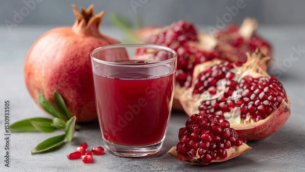 Fototapeta A glass of rich red pomegranate juice stands in focus, with a whole pomegranate and scattered opened seeds in the background, highlighting freshness, nutrition, and natural fruit goodness.