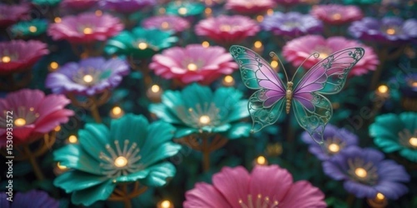 Fototapeta Vibrant butterfly with intricate wings hovering over colorful glowing flowers at night