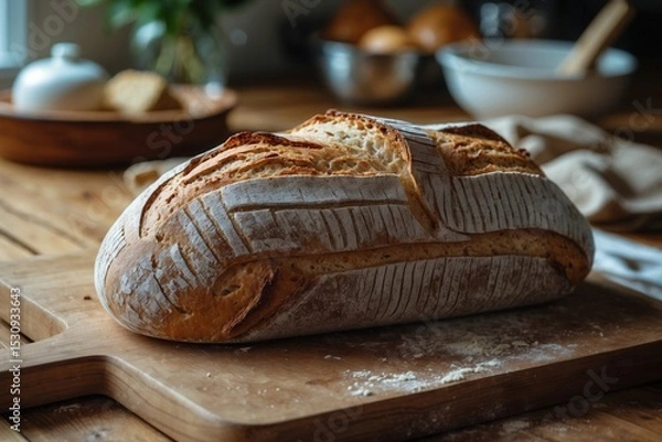 Fototapeta Artisan sourdough bread loaf with decorative scoring on a wooden cutting board in a rustic kitchen setting