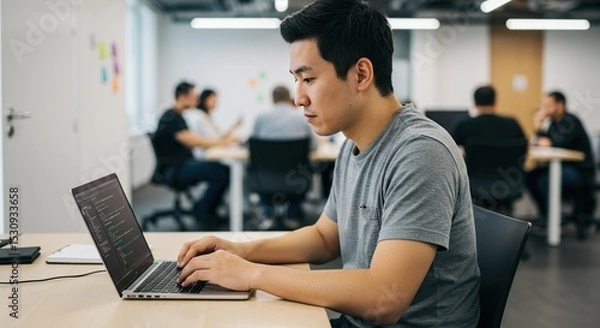 Obraz Asian Man Typing on Laptop in Bright Open Office Concept of Modern Work Environment