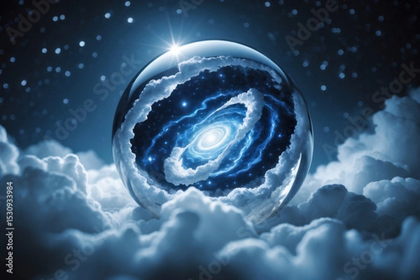 Fototapeta Surreal glass sphere with galaxy inside surrounded by clouds under a starry night sky