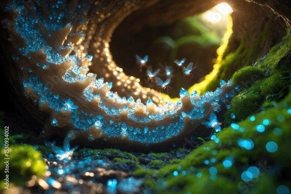 Fototapeta Enchanted forest scene with glowing mushrooms and flying magical blue butterflies at sunrise