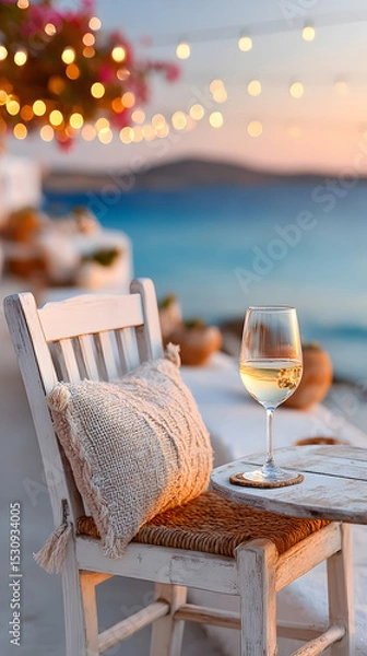 Obraz Elegant white chair with cozy cushion and glass of wine on table, surrounded by beautiful seaside ambiance and twinkling lights at sunset. Selective focus