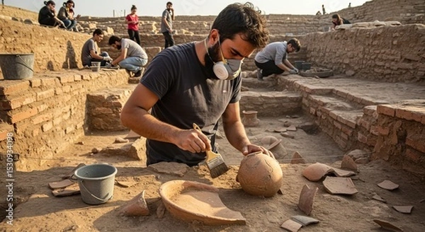 Obraz Archaeological Dig Excavation Team Discovering Historical Artifacts Preserving Heritage and Culture in Ancient Site Excavation for Research