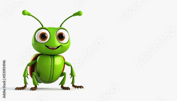 Fototapeta Adorable green jungle beetle with large eyes captured in full body display on a bright white background
