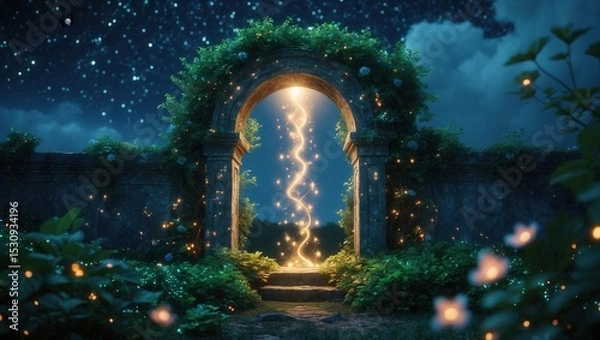 Fototapeta Magical glowing portal in a stone arch surrounded by lush greenery and sparkling lights at night