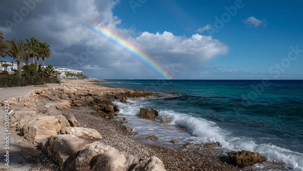 Fototapeta A vibrant rainbow arcs gracefully over the calm sea, merging sky and ocean in a serene display. Gentle waves shimmer beneath the colorful light, evoking peace, hope, and natural beauty.