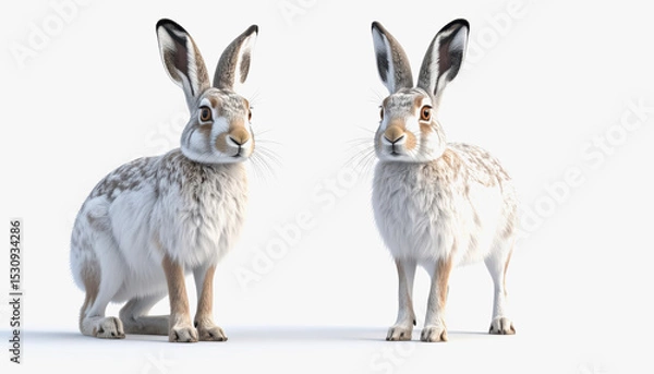 Fototapeta Two cute 3d rabbits sitting together in a playful pose with ample copy space on a white background