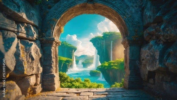 Fototapeta Scenic view of waterfalls and lush greenery through ancient stone archway under a bright blue sky