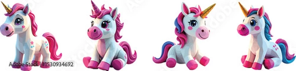 Fototapeta Cut out set of vector Magical Unicorn Stuffed Plush Toy Isolated on Transparent White Background.